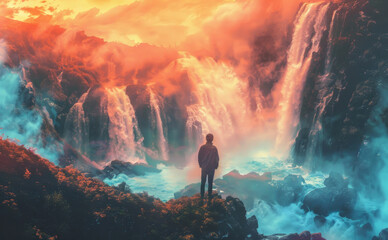 A man stands in front of a majestic waterfall, surrounded by cascading water and mist
