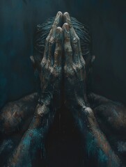 A poignant digital representation of intertwined hands in prayer, evoking a deep sense of vulnerability and hope