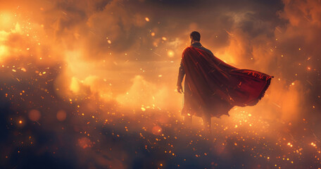 Hero man wearing a vibrant red cape stands amidst a blazing field of fire, showcasing a stark contrast between the fiery surroundings and his bold attire - obrazy, fototapety, plakaty