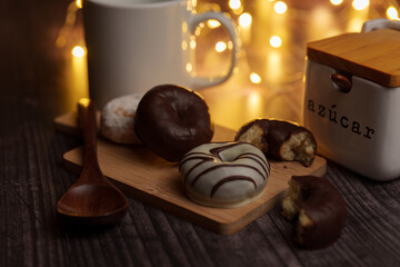 Assorted breakfast of chocolate and sugar donuts