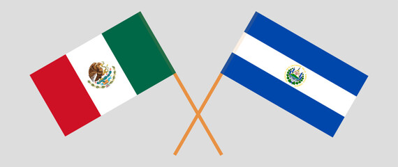 Crossed flags of Mexico and El Salvador. Official colors. Correct proportion