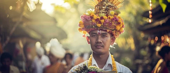 Deurstickers Traditional Balinese ceremony, man in national costume. © Zaleman