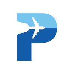 Logo travel. Letra inicial P con silueta de avión en espacio negativo para agencia de viajes - 775751014