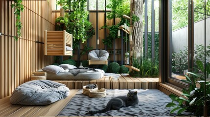a balcony transformed into a haven for cats, featuring wooden climbing trees, plush gray beds, bamboo tree houses, and playful green plush balls amidst lush green plants.