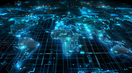 Fototapeta na wymiar A digital world map on a cyber network background, depicting the interconnectedness of global cyber warfare