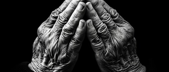 A black and white portrait of old wrinkled hands praying with space for text.
