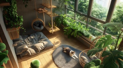 a balcony transformed into a haven for cats, featuring wooden climbing trees, plush gray beds,...