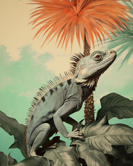 Fototapeta premium Chameleon - Tropical Wildlife Illustration: Vibrant Island Scenes with Palm Trees and Exotic Animal - Vintage Wallpaper - Nature-inspired Art - Tropical Decor - Wildlife Artwork