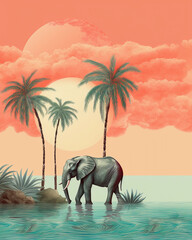 Naklejka premium Elephant - Tropical Wildlife Illustration: Vibrant Island Scenes with Palm Trees and Exotic Animal - Vintage Wallpaper - Nature-inspired Art - Tropical Decor - Wildlife Artwork