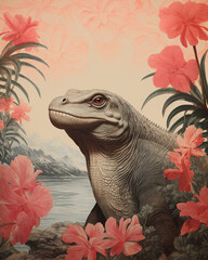 Fototapeta premium Komodo Dragon - Tropical Wildlife Illustration: Vibrant Island Scenes with Palm Trees and Exotic Animal - Vintage Wallpaper - Nature-inspired Art - Tropical Decor - Wildlife Artwork