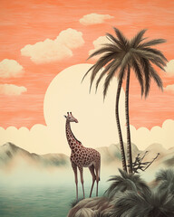 Fototapeta premium Giraffe - Tropical Wildlife Illustration: Vibrant Island Scenes with Palm Trees and Exotic Animal - Vintage Wallpaper - Nature-inspired Art - Tropical Decor - Wildlife Artwork