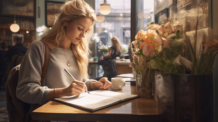 Fototapeta na wymiar Beautiful young blonde woman sketching in a cafe