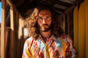 Sun-kissed man with wavy hair in vibrant tropical shirt, summer vibes and carefree mood.