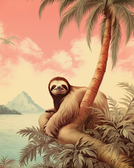 Fototapeta premium Sloth - Tropical Wildlife Illustration: Vibrant Island Scenes with Palm Trees and Exotic Animal - Vintage Wallpaper - Nature-inspired Art - Tropical Decor - Wildlife Artwork