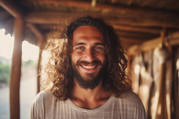 Sunny beach hut portrait of a smiling man with curly hair, embodying freedom, travel, and happiness. - Powered by Adobe
