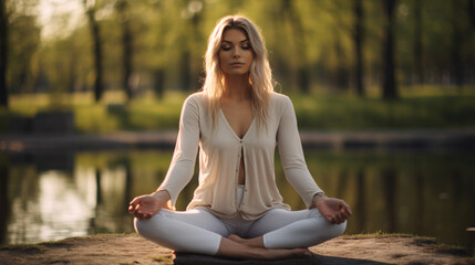 Beautiful young blonde woman, practicing yoga in the park