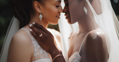 Intimate moment between diverse brides, tender touch against soft focus nature backdrop, symbolizing love and LGBTQ+ weddings. - obrazy, fototapety, plakaty
