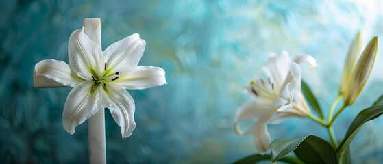 On a blue background, there is a Christian cross and a lily flower - obrazy, fototapety, plakaty