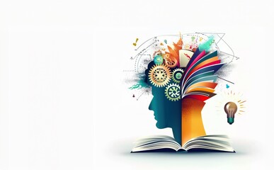 A creative illustration depicting a human head filled with knowledge and ideas forming an educational collage, Education, Learning, Knowledge sharing