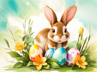 Flower Frenzy Whimsical Rabbit Among Vibrant Blooms and Eggs in 8K Illustration