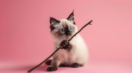 Birman cat playing looking at a stick toy on pink background