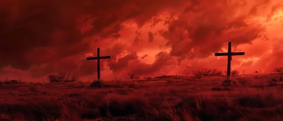 Rolgordijnen An intense red sky and three crosses © Zaleman