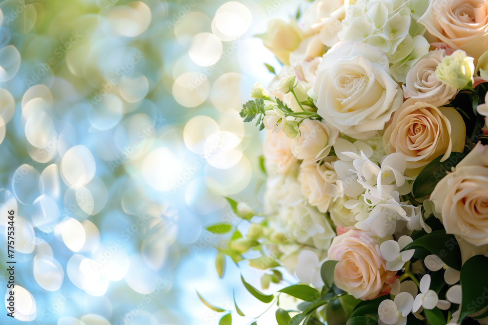 Poster wedding bouquet of roses. background with space for text. created with generative ai technology.
