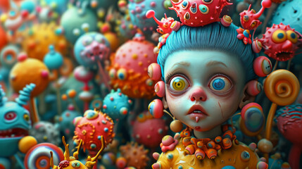 Surreal painting depicting a child surrounded by whimsical monsters and colorful candy
