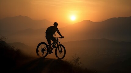 Fototapeta premium A man is riding a bike down a mountain with the sun setting in the background