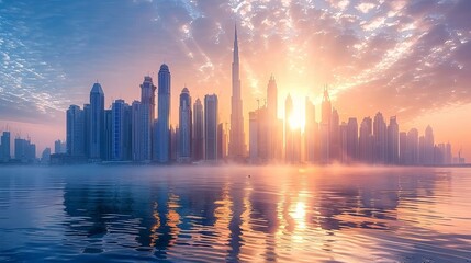 Dubai's Amazing City Center Skyline with Luxury Skyscrapers at Sunrise, United Arab Emirates