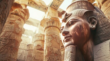 Exploring Egypt: Karnak Temple - Big statues of ancient Egyptian kings in a pretty landmark with ancient writing and symbols. Well-known art from ancient times near the Nile River, Cairo, and Luxor, E