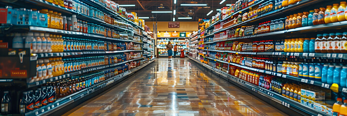 Aisle of options Long and bright supermarket ,
Defocused of male and female cart buying shopping put on the at alcohol drink products in supermarket
 - obrazy, fototapety, plakaty