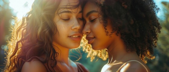 A conversation between two beautiful girls of different ethnicities - obrazy, fototapety, plakaty