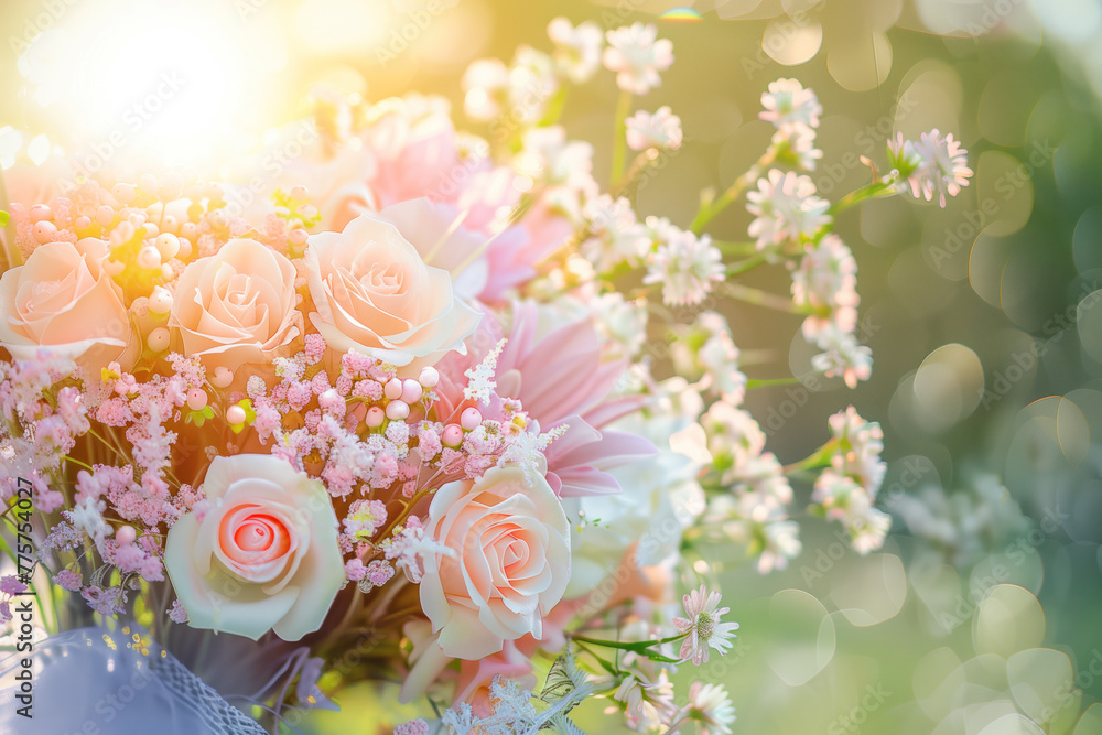 Poster wedding bouquet of roses. background with space for text. created with generative ai technology.