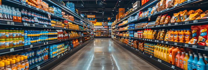 Aisle of options Long and bright supermarket ,
Supermarket background with bokeh light  - obrazy, fototapety, plakaty