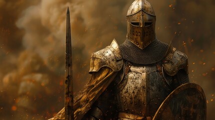 Knight in Armor: Capture a knight clad in armor, wielding a sword or shield, to illustrate medieval warfare and chivalry