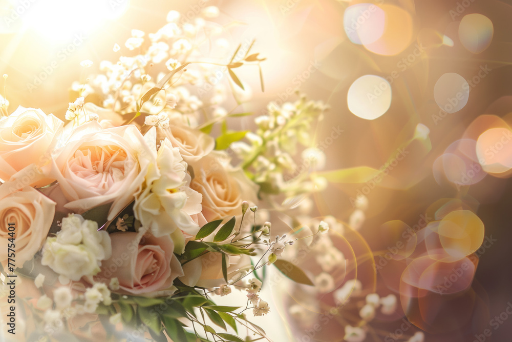 Poster wedding bouquet of roses. background with space for text. created with generative ai technology.