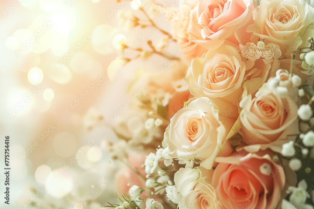 Poster wedding bouquet of roses. background with space for text. created with generative ai technology.