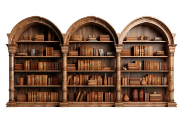 The Literary Symphony: Three Harmonious Bookshelves Overflowing With Classical and Contemporary Knowledge. White or PNG Transparent Background. - obrazy, fototapety, plakaty