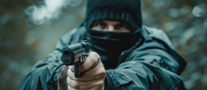 Man in a black hat and jacket holding a firearm