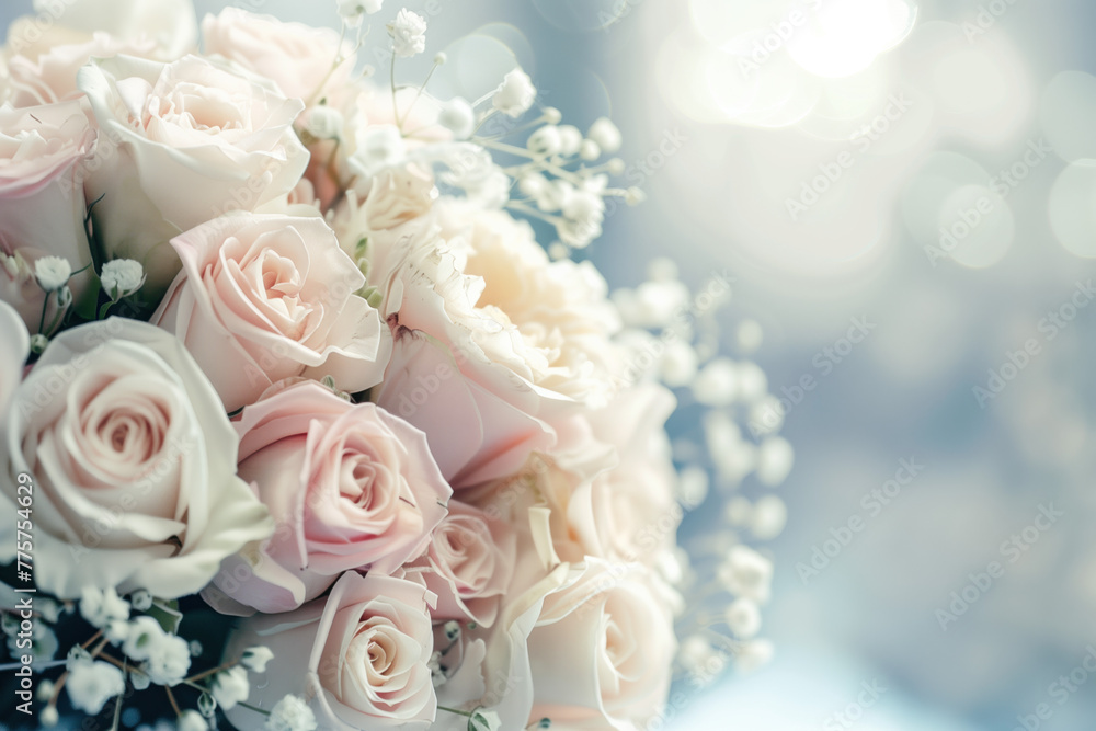 Poster wedding bouquet of roses. background with space for text. created with generative ai technology.