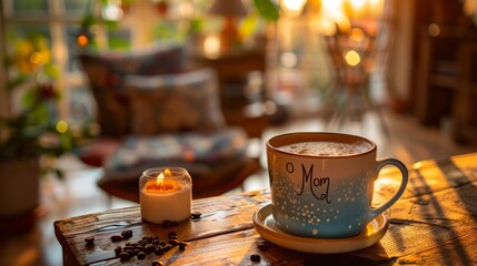 coffee mug with mom printed, sign on the wooden table, tea, morning routine, spring, flowers, best mom