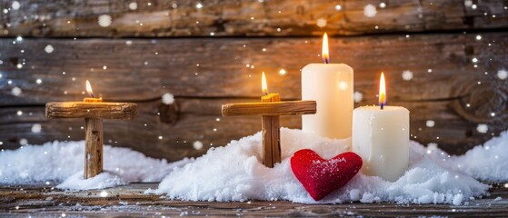 Candles glisten over wooden cross with red hearts in snow, placed on an antique rustic wood background with space for copy; Christmas, Easter, and religious backgrounds.