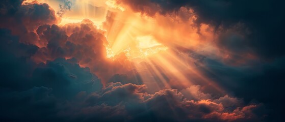 A beautiful conceptual meditation background showing the sun beams or rays breaking through dark clouds at sunset. God's mercy and grace are evident with this beautiful background. - obrazy, fototapety, plakaty