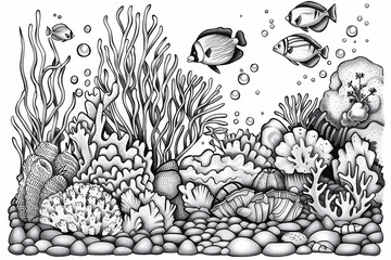 Coloring Pages of under water of the sea ecosystem with various fishes and corals
