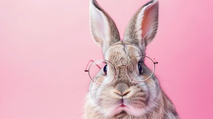 Cute bunny rabbit on pink background with fashionable pair of glasses