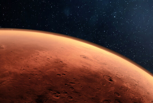 Martian surface. View from space to the red planet. Scientific background on the topic of Mars exploration. Elements of this image furnished by NASA. - Powered by Adobe