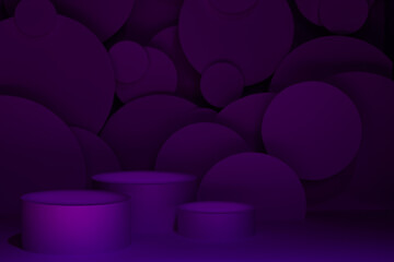 Abstract scene for presentation cosmetic products mockup - three round podiums in gradient dark purple violet glowing light, circles flying as decor. Template for showing in futuristic luxury style. - 775755273