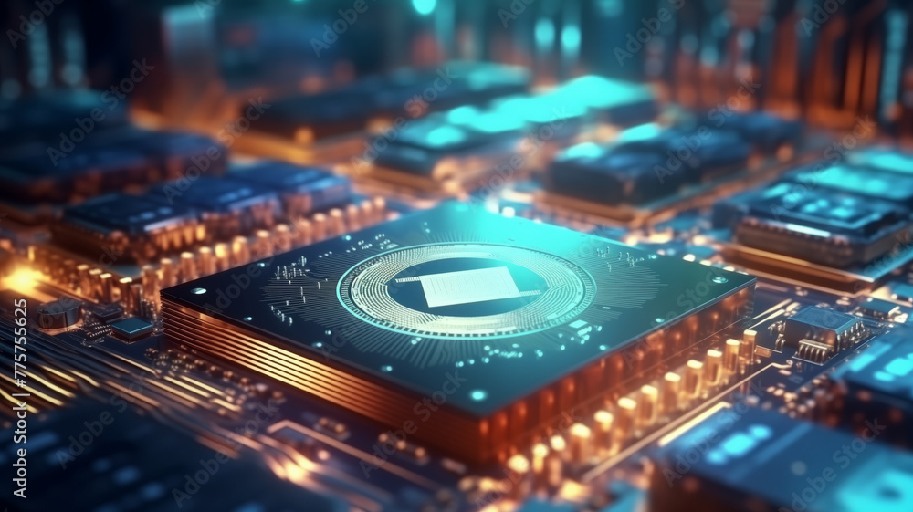 Poster close-up view of modern chip gpu card with circuit blue neon lights. concept cpu microchip for ai an