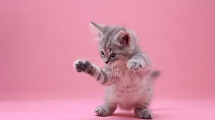 Cute rag doll baby cat playing on a pink background - obrazy, fototapety, plakaty